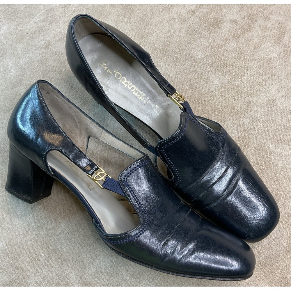 Florsheim Blue Leather Block Heel Pumps Shoes Womens Size 8 Square Toe Vintage